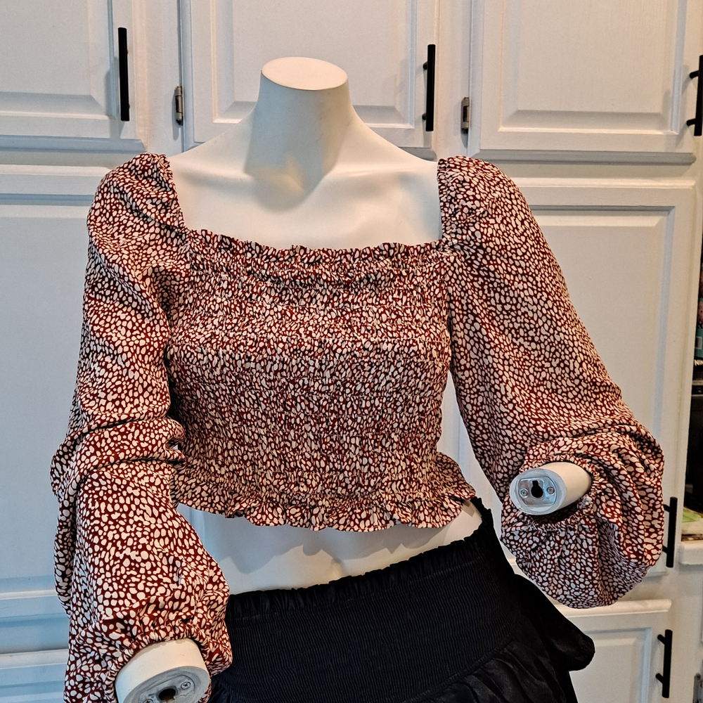 She and Sky Rust Red and White Smocked Blouse